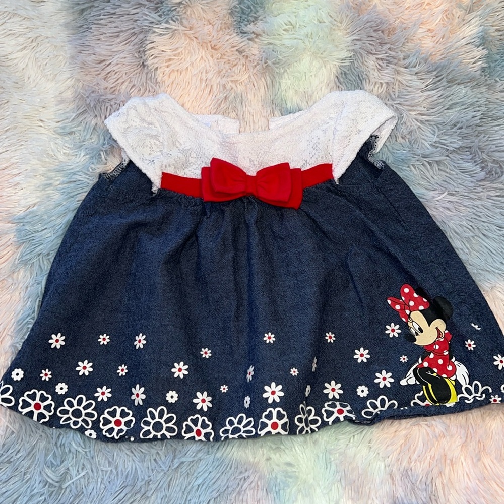 Girls Navy and White Minnie Mouse Denim Dress with Red Bow